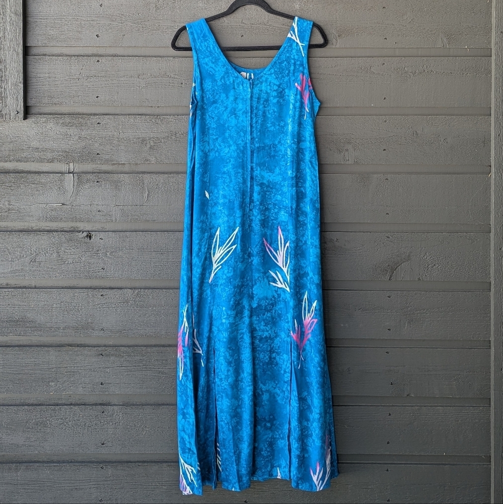 Bali Batiks ResortWear Tie Dye Aqua Blue Maxi Tank Dress Sexy Slits Size Medium - Picture 4 of 8